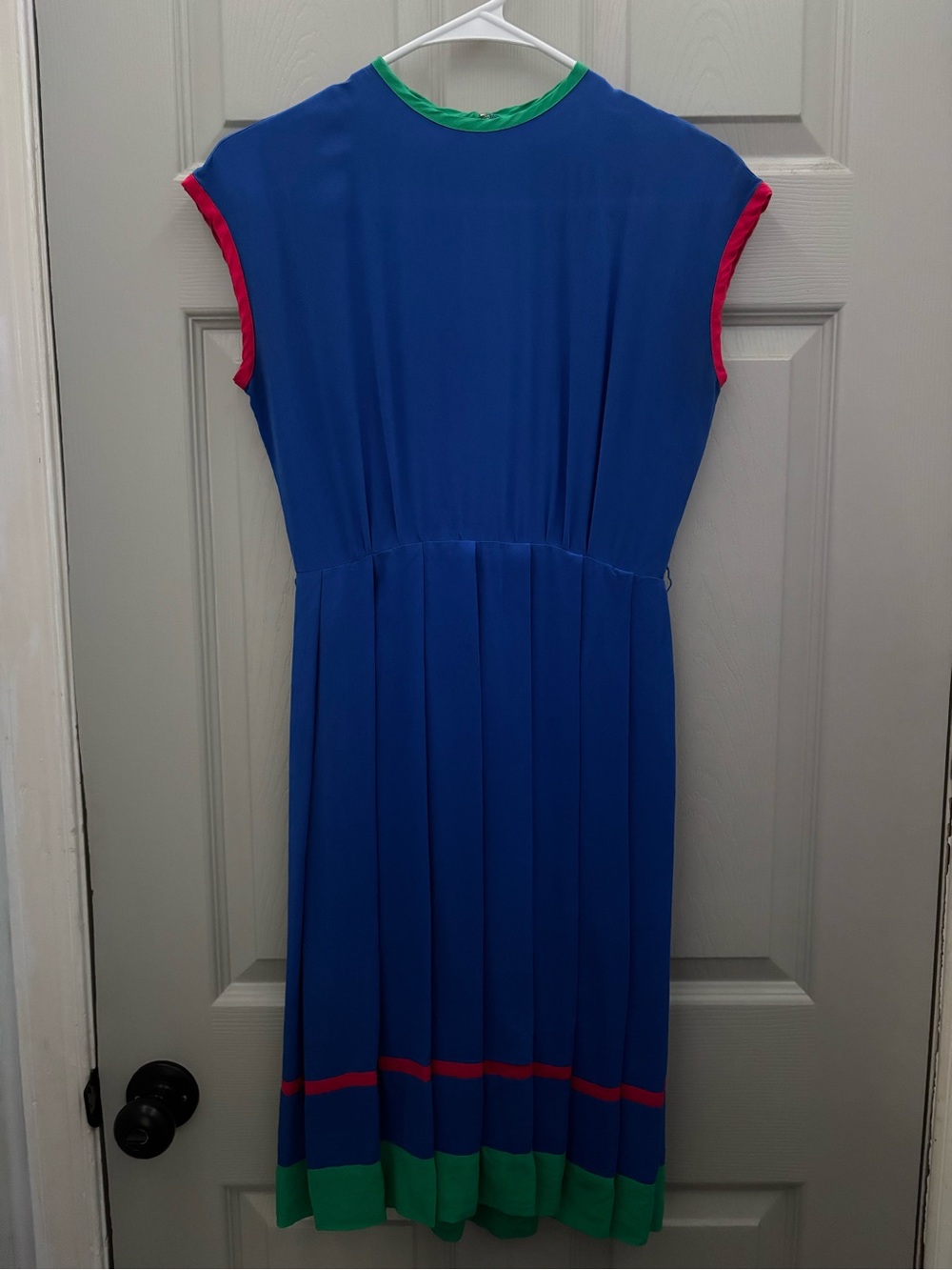 Vintage 80s Silk Blue Midi Dress with Pink and Green Trim